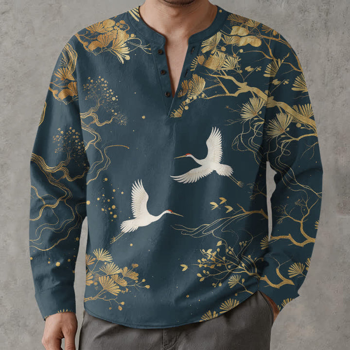 Buddha Stones Camicia da uomo a maniche lunghe con scollo a V e bottoni, in cotone, con motivo floreale a gru. - image 1