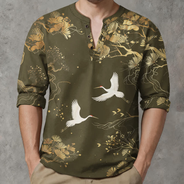 Buddha Stones Camicia da uomo a maniche lunghe con scollo a V e bottoni, in cotone, con motivo floreale a gru. - Verde oliva - US/UK/AU48, EU58 (4XL) - image 7