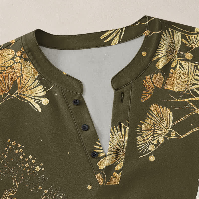 Buddha Stones Camicia da uomo a maniche lunghe con scollo a V e bottoni, in cotone, con motivo floreale a gru. - image 11