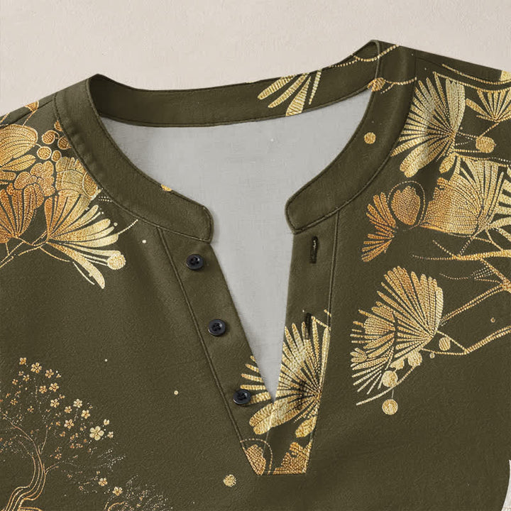 Buddha Stones Camicia da uomo a maniche lunghe con scollo a V e bottoni, in cotone, con motivo floreale a gru. - image 11