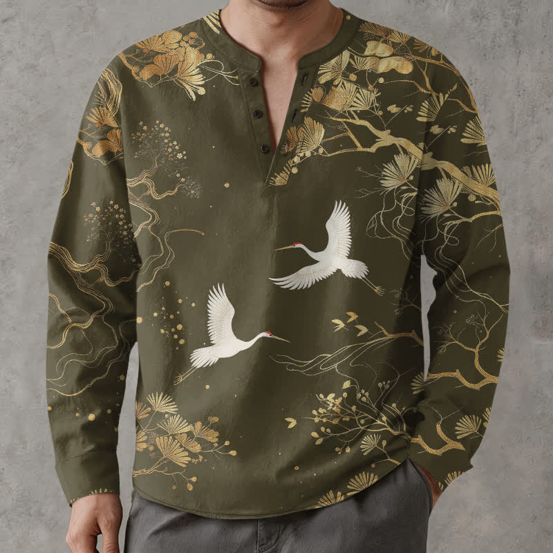 Buddha Stones Camicia da uomo a maniche lunghe con scollo a V e bottoni, in cotone, con motivo floreale a gru. - image 10