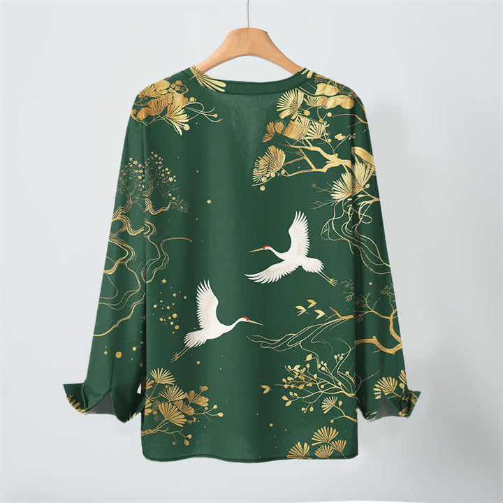 Buddha Stones Camicia da uomo a maniche lunghe con scollo a V e bottoni, in cotone, con motivo floreale a gru. - image 17