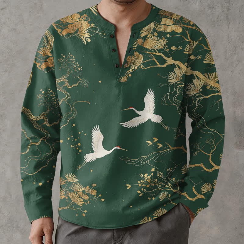 Buddha Stones Camicia da uomo a maniche lunghe con scollo a V e bottoni, in cotone, con motivo floreale a gru. - image 15