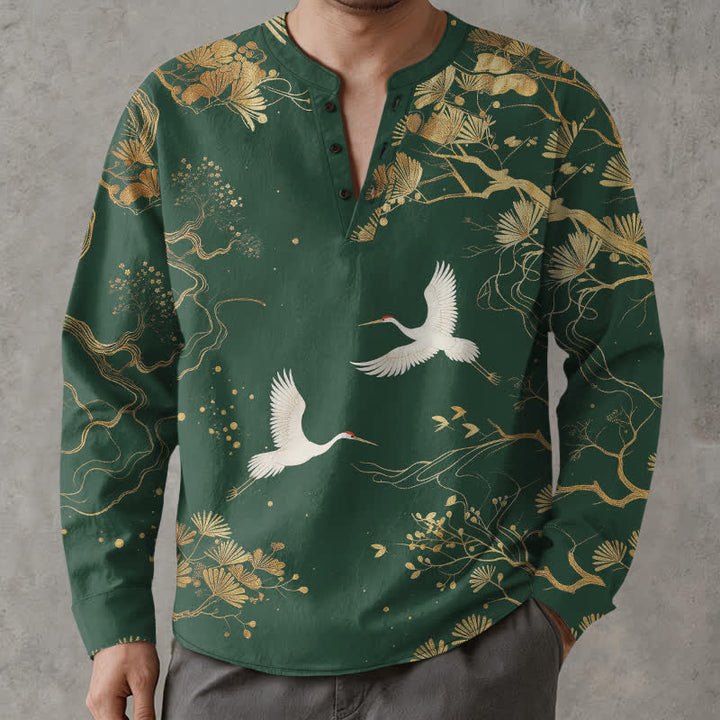 Buddha Stones Camicia da uomo a maniche lunghe con scollo a V e bottoni, in cotone, con motivo floreale a gru. - image 15