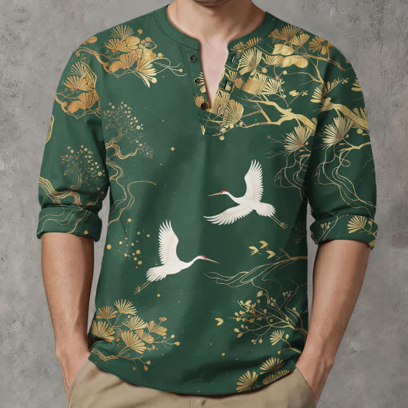 Buddha Stones Camicia da uomo a maniche lunghe con scollo a V e bottoni, in cotone, con motivo floreale a gru. - Verde studentesco - US/UK/AU48, EU58 (4XL) - image 14