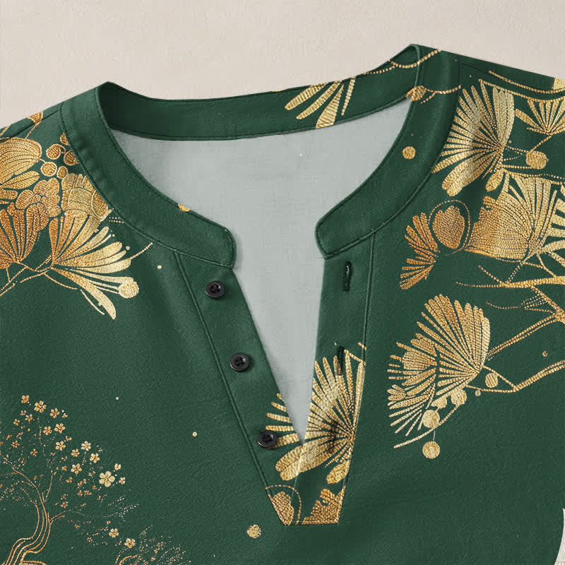 Buddha Stones Camicia da uomo a maniche lunghe con scollo a V e bottoni, in cotone, con motivo floreale a gru. - image 18
