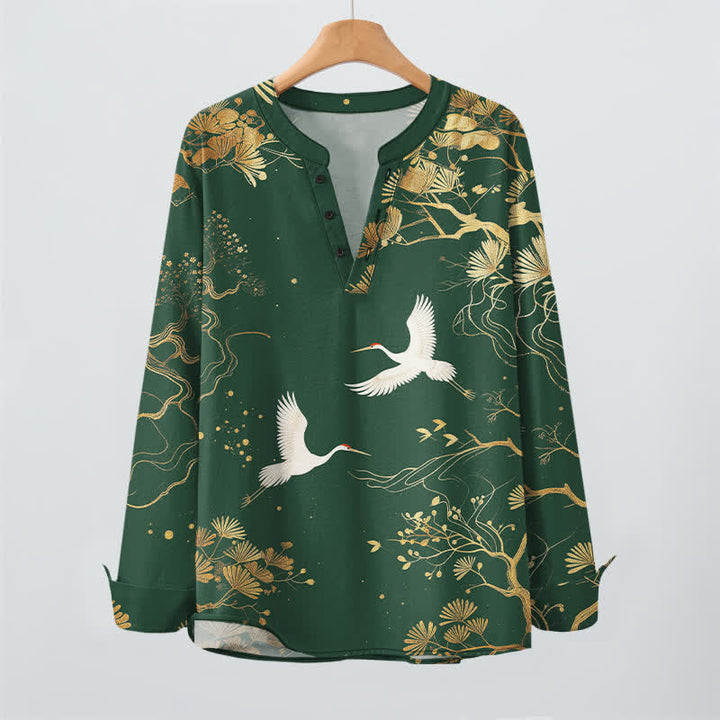 Buddha Stones Camicia da uomo a maniche lunghe con scollo a V e bottoni, in cotone, con motivo floreale a gru. - image 16