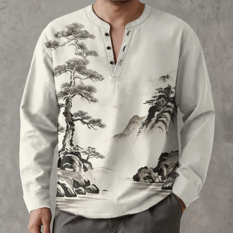 Buddha Stones Camicia da uomo a maniche lunghe con scollo a V e bottoni, stampa paesaggio con pini e montagne, in cotone. - Beige - US/UK/AU48, EU58 (4XL) - image 0