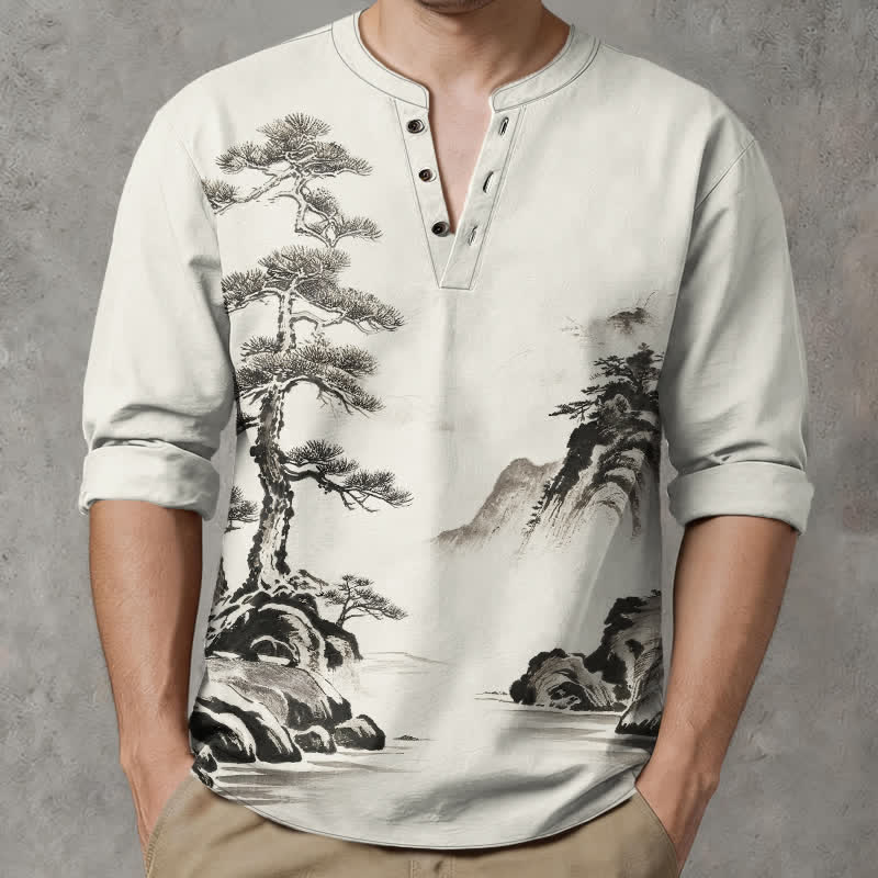 Buddha Stones Camicia da uomo a maniche lunghe con scollo a V e bottoni, stampa paesaggio con pini e montagne, in cotone. - image 1