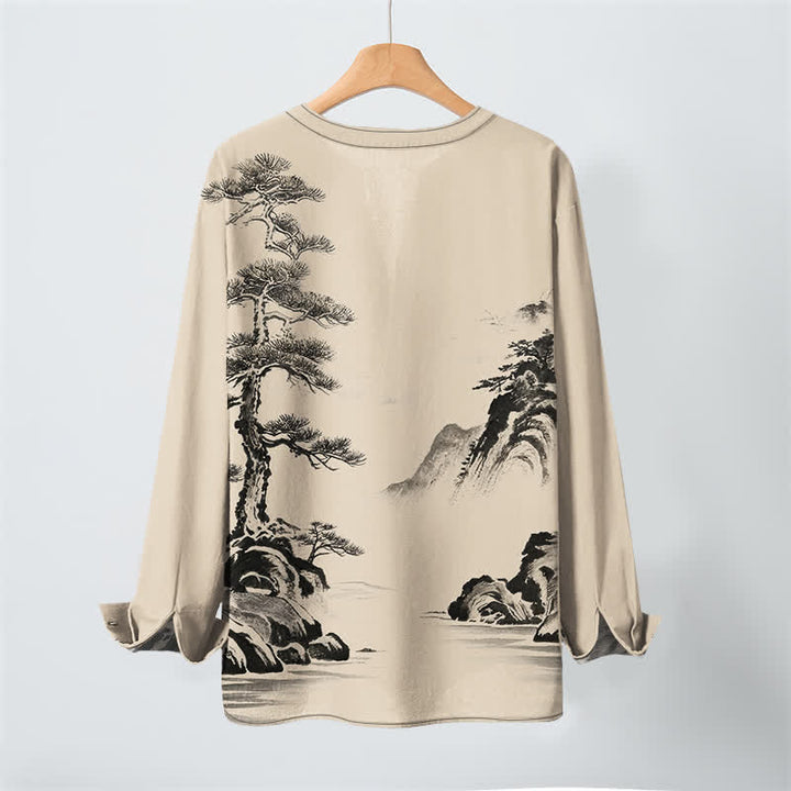 Buddha Stones Camicia da uomo a maniche lunghe con scollo a V e bottoni, stampa paesaggio con pini e montagne, in cotone. - image 10