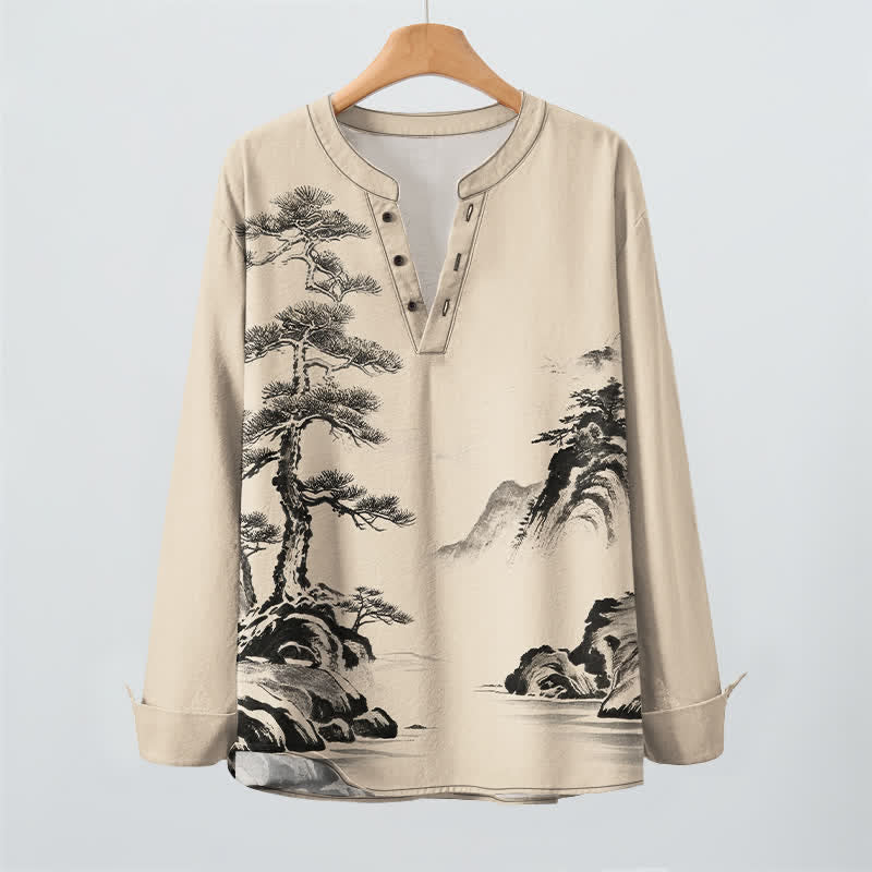 Buddha Stones Camicia da uomo a maniche lunghe con scollo a V e bottoni, stampa paesaggio con pini e montagne, in cotone. - image 9
