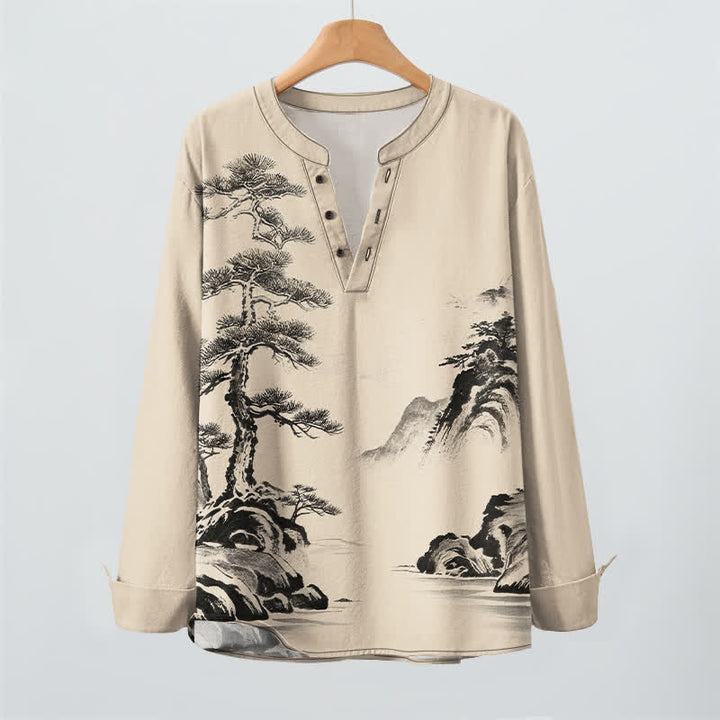 Buddha Stones Camicia da uomo a maniche lunghe con scollo a V e bottoni, stampa paesaggio con pini e montagne, in cotone. - image 9
