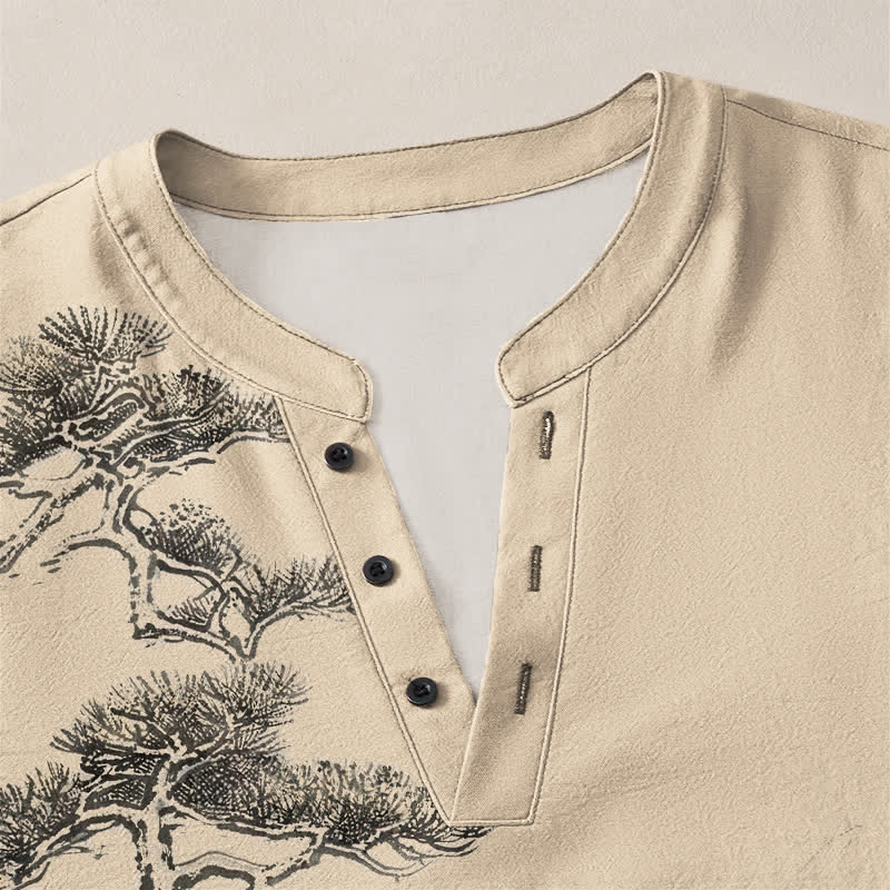 Buddha Stones Camicia da uomo a maniche lunghe con scollo a V e bottoni, stampa paesaggio con pini e montagne, in cotone. - image 11
