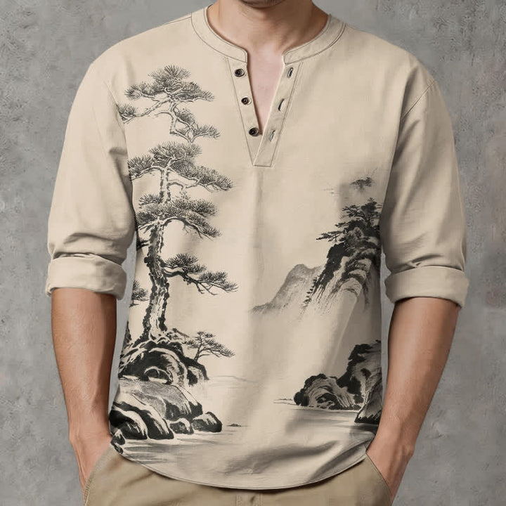 Buddha Stones Camicia da uomo a maniche lunghe con scollo a V e bottoni, stampa paesaggio con pini e montagne, in cotone. - image 8