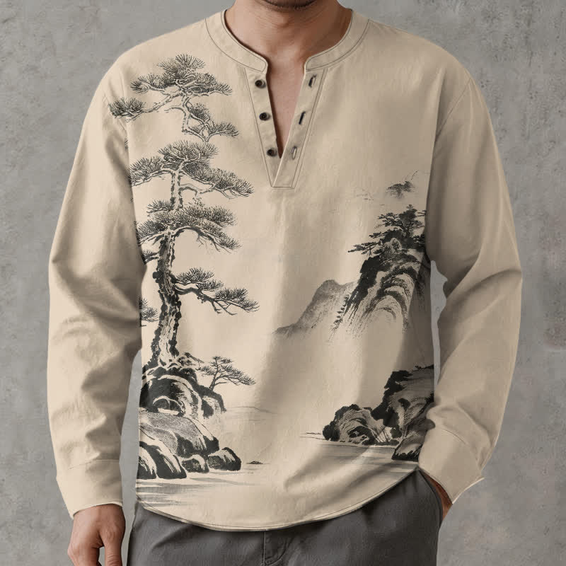 Buddha Stones Camicia da uomo a maniche lunghe con scollo a V e bottoni, stampa paesaggio con pini e montagne, in cotone. - Tan - US/UK/AU48, EU58 (4XL) - image 7