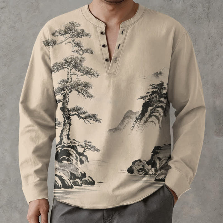 Buddha Stones Camicia da uomo a maniche lunghe con scollo a V e bottoni, stampa paesaggio con pini e montagne, in cotone. - Tan - US/UK/AU48, EU58 (4XL) - image 7