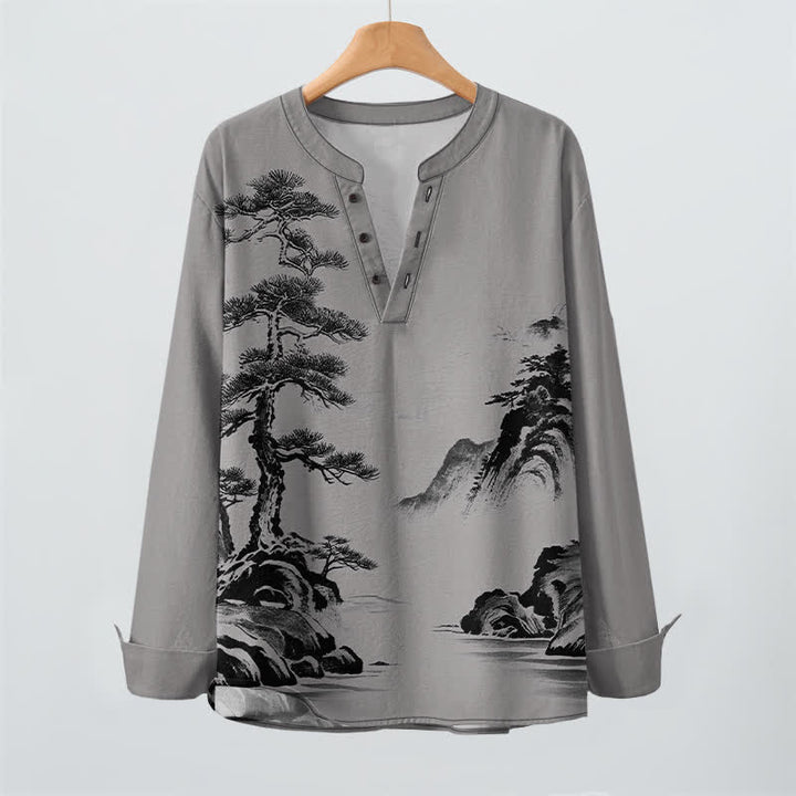Buddha Stones Camicia da uomo a maniche lunghe con scollo a V e bottoni, stampa paesaggio con pini e montagne, in cotone. - image 16