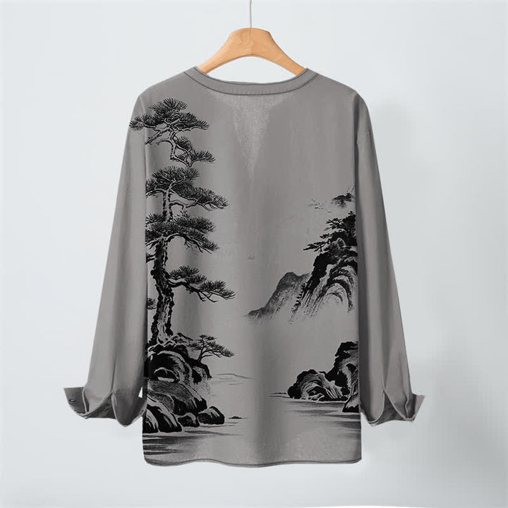 Buddha Stones Camicia da uomo a maniche lunghe con scollo a V e bottoni, stampa paesaggio con pini e montagne, in cotone. - image 17