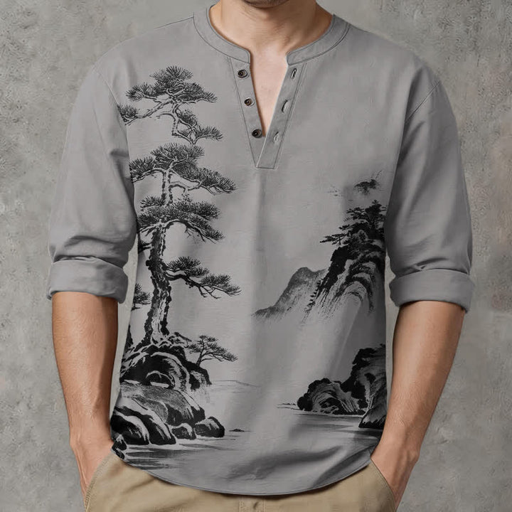 Buddha Stones Camicia da uomo a maniche lunghe con scollo a V e bottoni, stampa paesaggio con pini e montagne, in cotone. - image 15