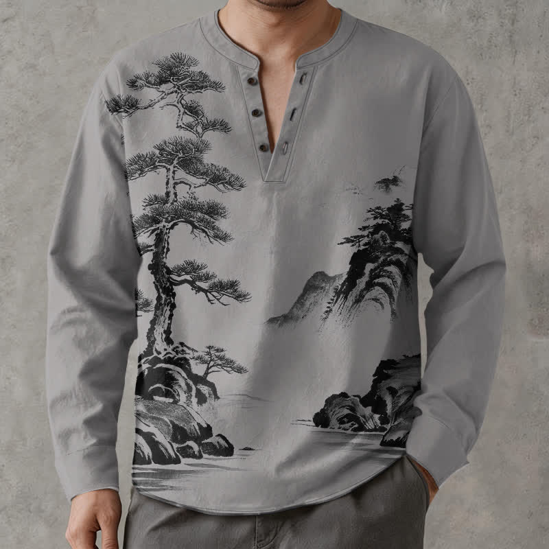 Buddha Stones Camicia da uomo a maniche lunghe con scollo a V e bottoni, stampa paesaggio con pini e montagne, in cotone. - Grigio chiaro - US/UK/AU48, EU58 (4XL) - image 14