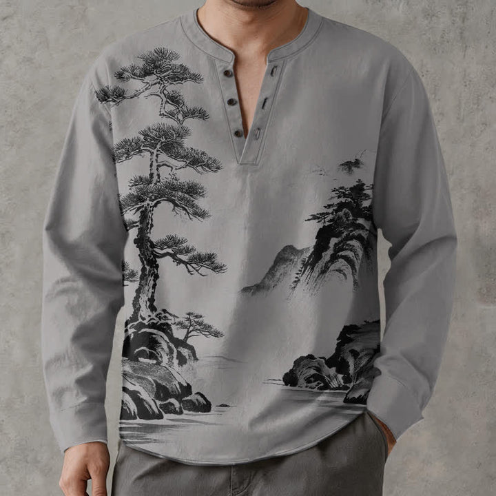 Buddha Stones Camicia da uomo a maniche lunghe con scollo a V e bottoni, stampa paesaggio con pini e montagne, in cotone. - Grigio chiaro - US/UK/AU48, EU58 (4XL) - image 14