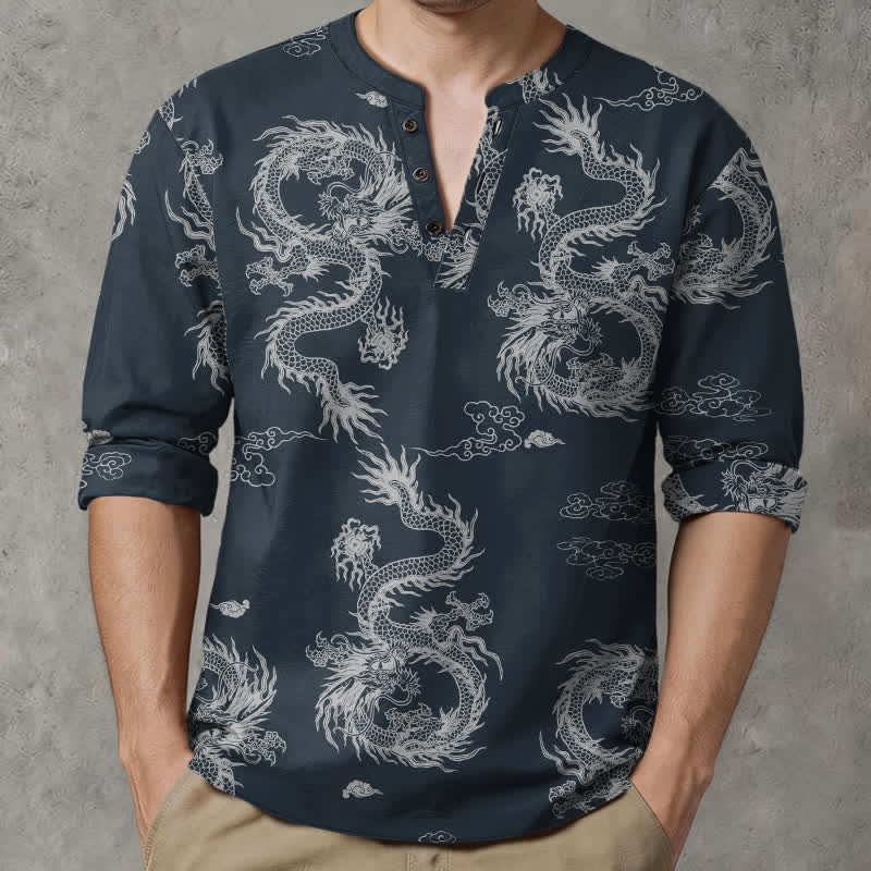Buddha Stones Camicia da uomo a maniche lunghe con scollo a V e bottoni, in cotone, con motivo drago e nuvole in stile orientale bianco. - Marina - US/UK/AU48, EU58 (4XL) - image 0