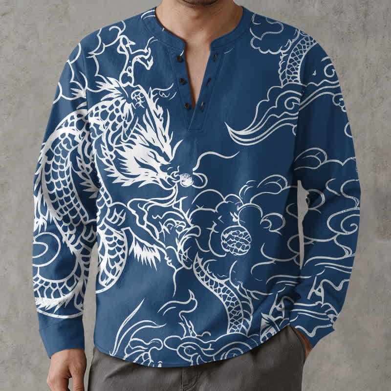 Buddha Stones Camicia da uomo a maniche lunghe con scollo a V e bottoni, in cotone, con motivo drago cinese e nuvole. - Blu reale - US/UK/AU48, EU58 (4XL) - image 0