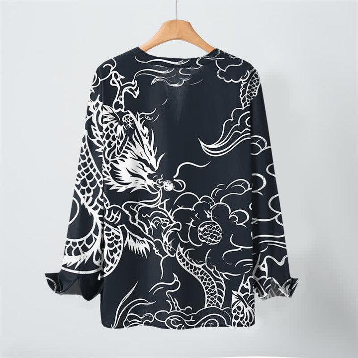 Buddha Stones Camicia da uomo a maniche lunghe con scollo a V e bottoni, in cotone, con motivo drago cinese e nuvole. - image 10