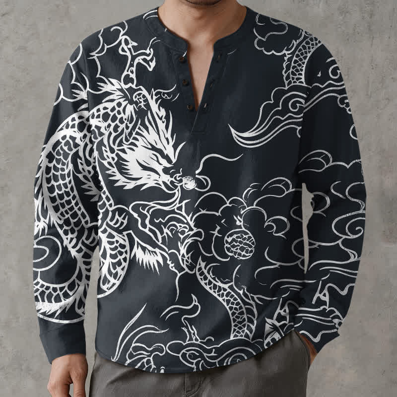 Buddha Stones Camicia da uomo a maniche lunghe con scollo a V e bottoni, in cotone, con motivo drago cinese e nuvole. - Nero - US/UK/AU48, EU58 (4XL) - image 7