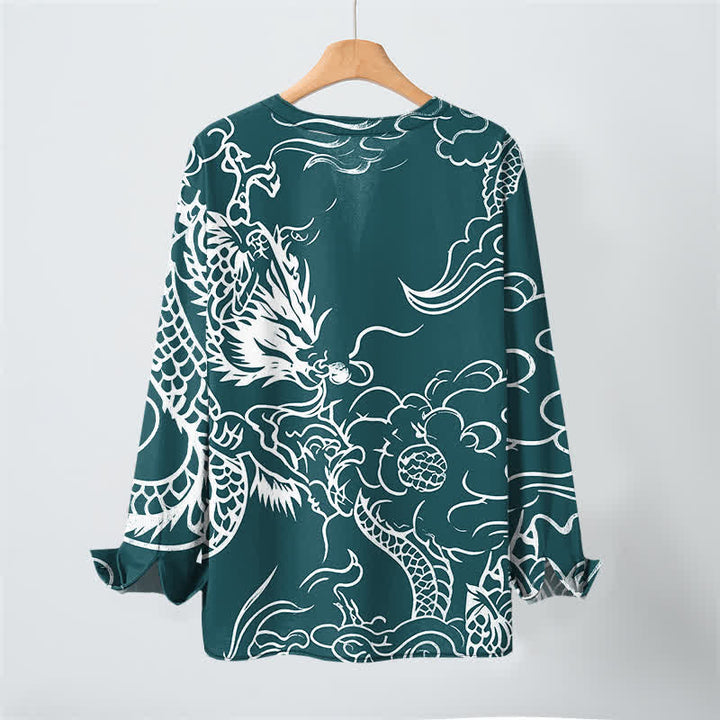 Buddha Stones Camicia da uomo a maniche lunghe con scollo a V e bottoni, in cotone, con motivo drago cinese e nuvole. - image 17