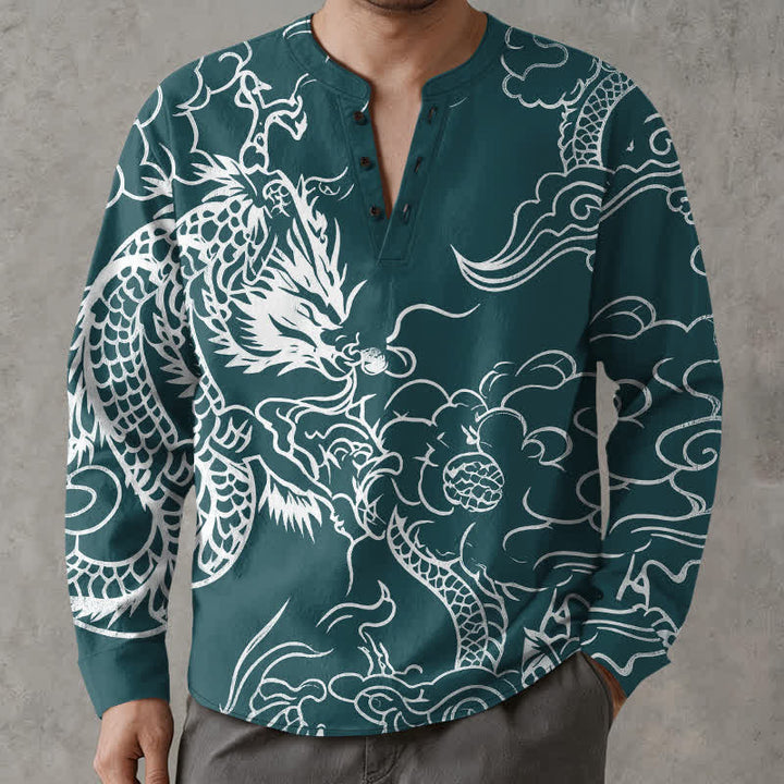 Buddha Stones Camicia da uomo a maniche lunghe con scollo a V e bottoni, in cotone, con motivo drago cinese e nuvole. - Verde acqua - US/UK/AU48, EU58 (4XL) - image 14