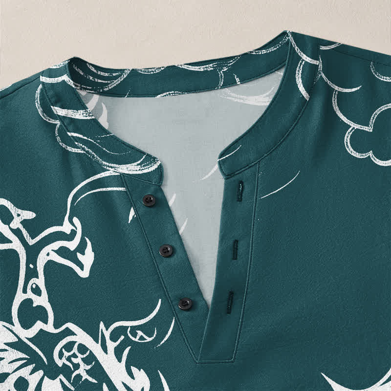 Buddha Stones Camicia da uomo a maniche lunghe con scollo a V e bottoni, in cotone, con motivo drago cinese e nuvole. - image 18