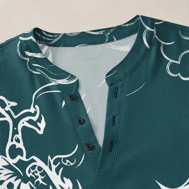 Buddha Stones Camicia da uomo a maniche lunghe con scollo a V e bottoni, in cotone, con motivo drago cinese e nuvole. - image 18