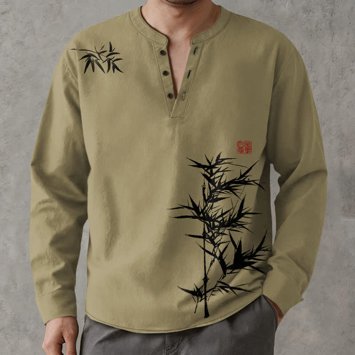 Buddha Stones Camicia da uomo a maniche lunghe con scollo a V e bottoni, stampa a bambù, in cotone. - image 1