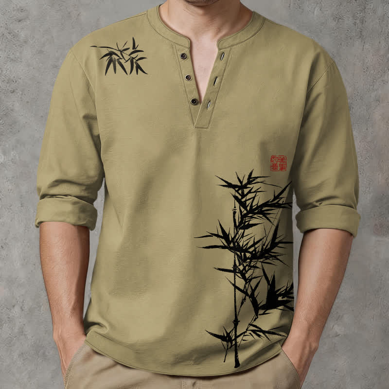 Buddha Stones Camicia da uomo a maniche lunghe con scollo a V e bottoni, stampa a bambù, in cotone. - Cachi scuro - US/UK/AU48, EU58 (4XL) - image 0