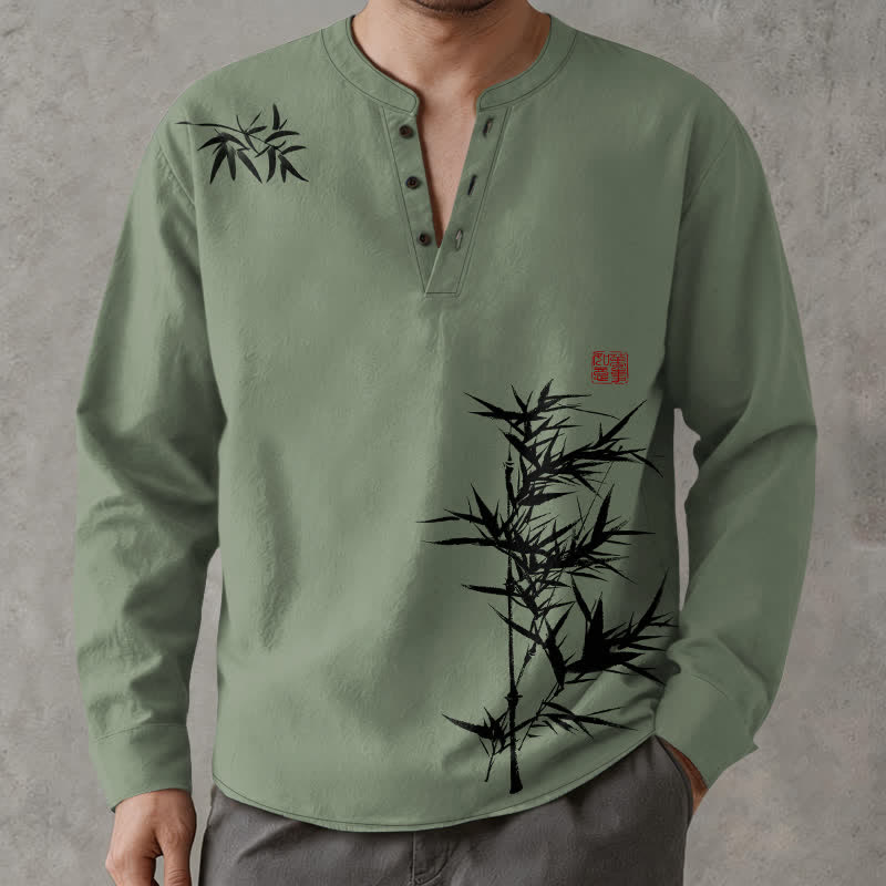 Buddha Stones Camicia da uomo a maniche lunghe con scollo a V e bottoni, stampa a bambù, in cotone. - image 8