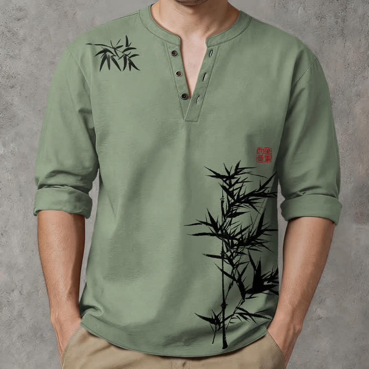Buddha Stones Camicia da uomo a maniche lunghe con scollo a V e bottoni, stampa a bambù, in cotone. - Verde oliva - US/UK/AU48, EU58 (4XL) - image 7