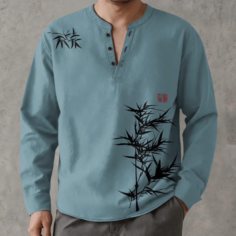 Buddha Stones Camicia da uomo a maniche lunghe con scollo a V e bottoni, stampa a bambù, in cotone. - image 15