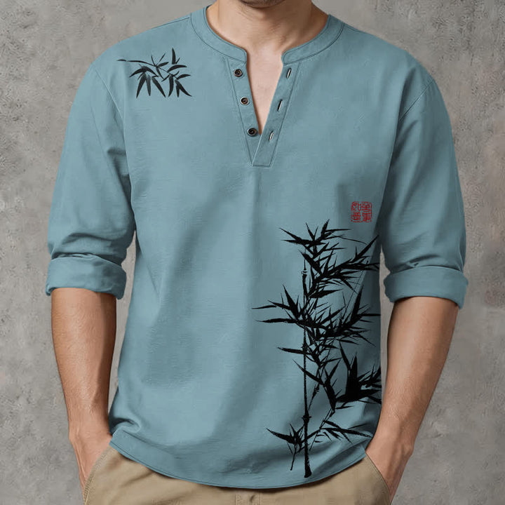 Buddha Stones Camicia da uomo a maniche lunghe con scollo a V e bottoni, stampa a bambù, in cotone. - Cadetto Blu - US/UK/AU48, EU58 (4XL) - image 14