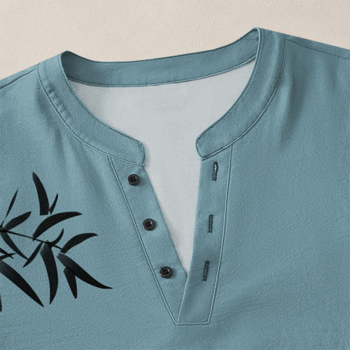 Buddha Stones Camicia da uomo a maniche lunghe con scollo a V e bottoni, stampa a bambù, in cotone. - image 18