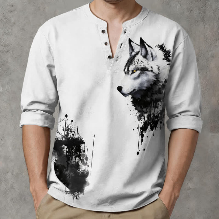 Buddha Stones Camicia da uomo a maniche lunghe con scollo a V e bottoni, stampa a testa di lupo, in cotone. - WhiteSmoke - US/UK/AU48, EU58 (4XL) - image 0