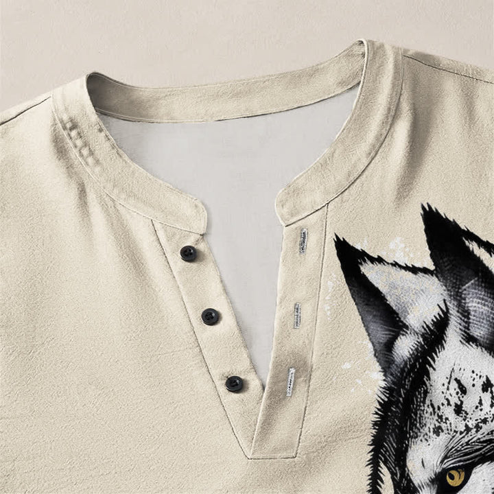 Buddha Stones Camicia da uomo a maniche lunghe con scollo a V e bottoni, stampa a testa di lupo, in cotone. - image 18