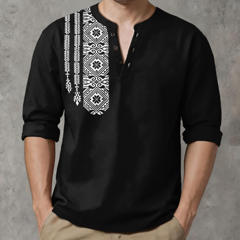 Buddha Stones Camicia da uomo a maniche lunghe con scollo a V e bottoni, in cotone, con motivo geometrico a quadrati tribali. - image 1