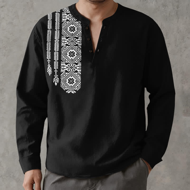 Buddha Stones Camicia da uomo a maniche lunghe con scollo a V e bottoni, in cotone, con motivo geometrico a quadrati tribali. - Nero - US/UK/AU48, EU58 (4XL) - image 0
