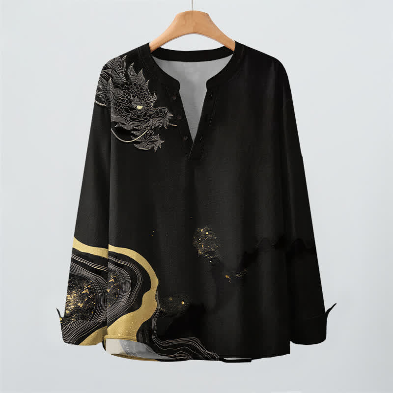 Buddha Stones Camicia da uomo a maniche lunghe con scollo a V e bottoni, in cotone, con motivo vintage a drago. - image 2