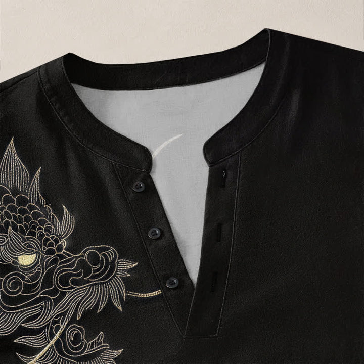 Buddha Stones Camicia da uomo a maniche lunghe con scollo a V e bottoni, in cotone, con motivo vintage a drago. - image 4
