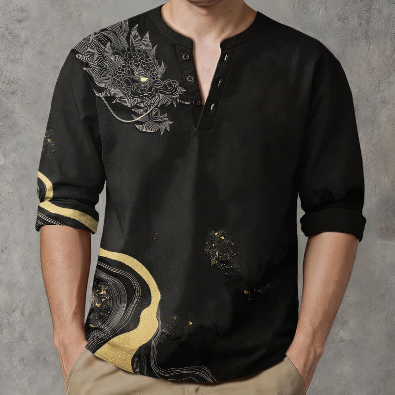 Buddha Stones Camicia da uomo a maniche lunghe con scollo a V e bottoni, in cotone, con motivo vintage a drago. - Nero - US/UK/AU48, EU58 (4XL) - image 0