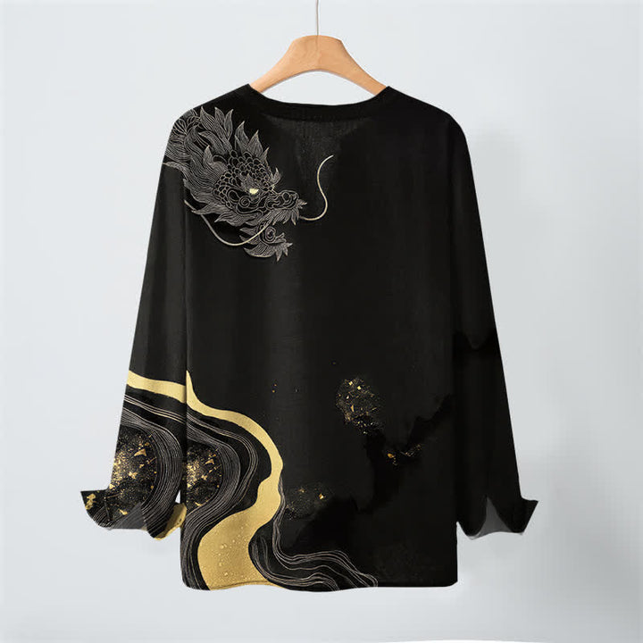 Buddha Stones Camicia da uomo a maniche lunghe con scollo a V e bottoni, in cotone, con motivo vintage a drago. - image 3