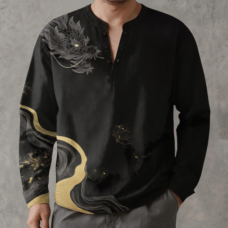 Buddha Stones Camicia da uomo a maniche lunghe con scollo a V e bottoni, in cotone, con motivo vintage a drago. - image 1
