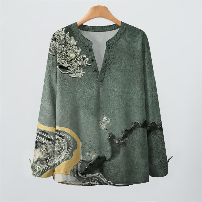 Buddha Stones Camicia da uomo a maniche lunghe con scollo a V e bottoni, in cotone, con motivo vintage a drago. - image 9